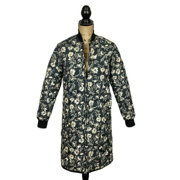 Reversible Floral & Black Long Bomber Jacket With Red Pocket Accents - Picture 1 of 15